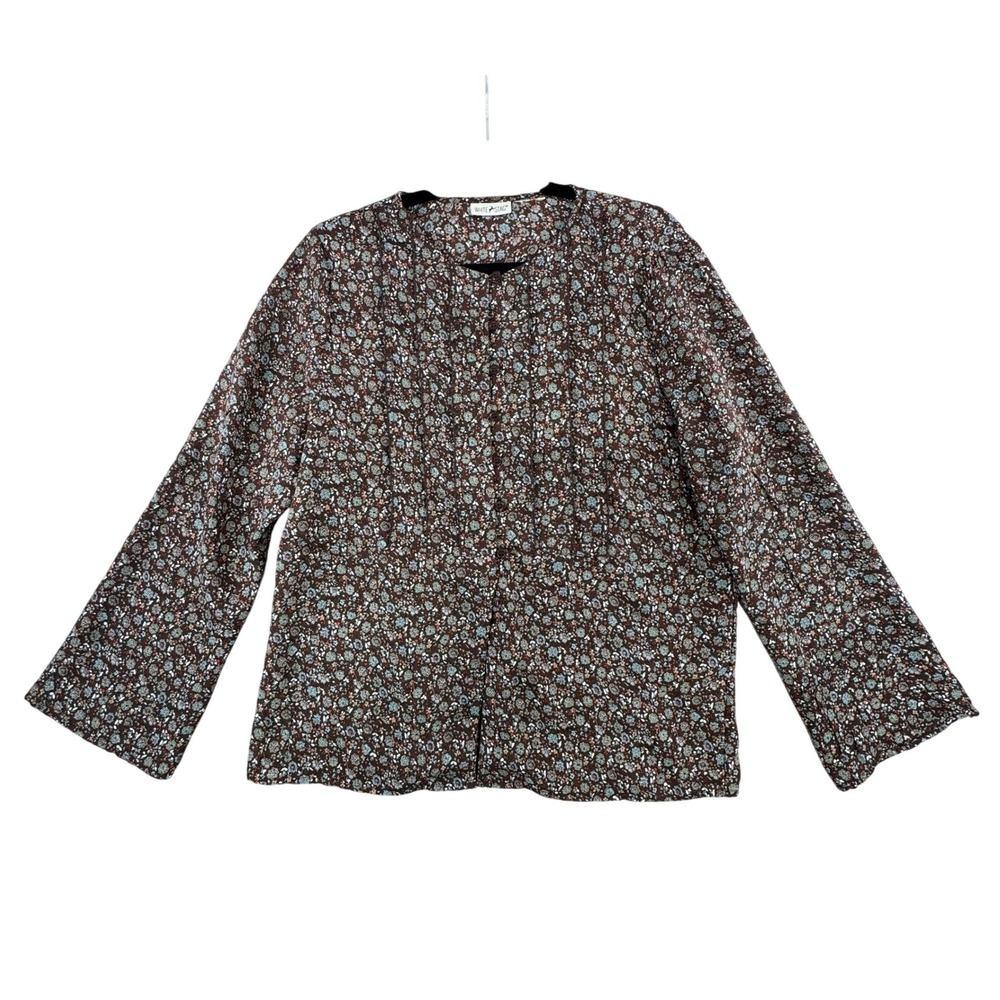 White Stag Brown Floral Pintuck Button‎ Up Long Sleeve Blouse Women XL Bohot